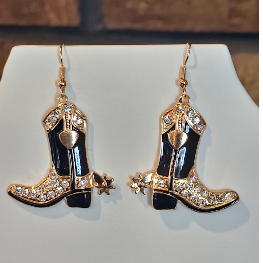 Western Cowboy Boot Earrings Rhinestone and Enamel Black Spurs Cowgirl